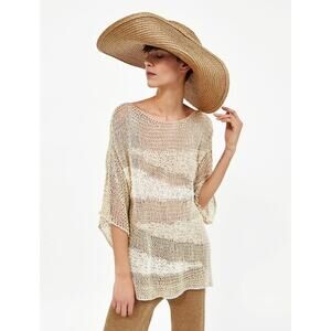 ZARA Open Knit Crochet Beige Oversized Boho Tunic Top | Medium